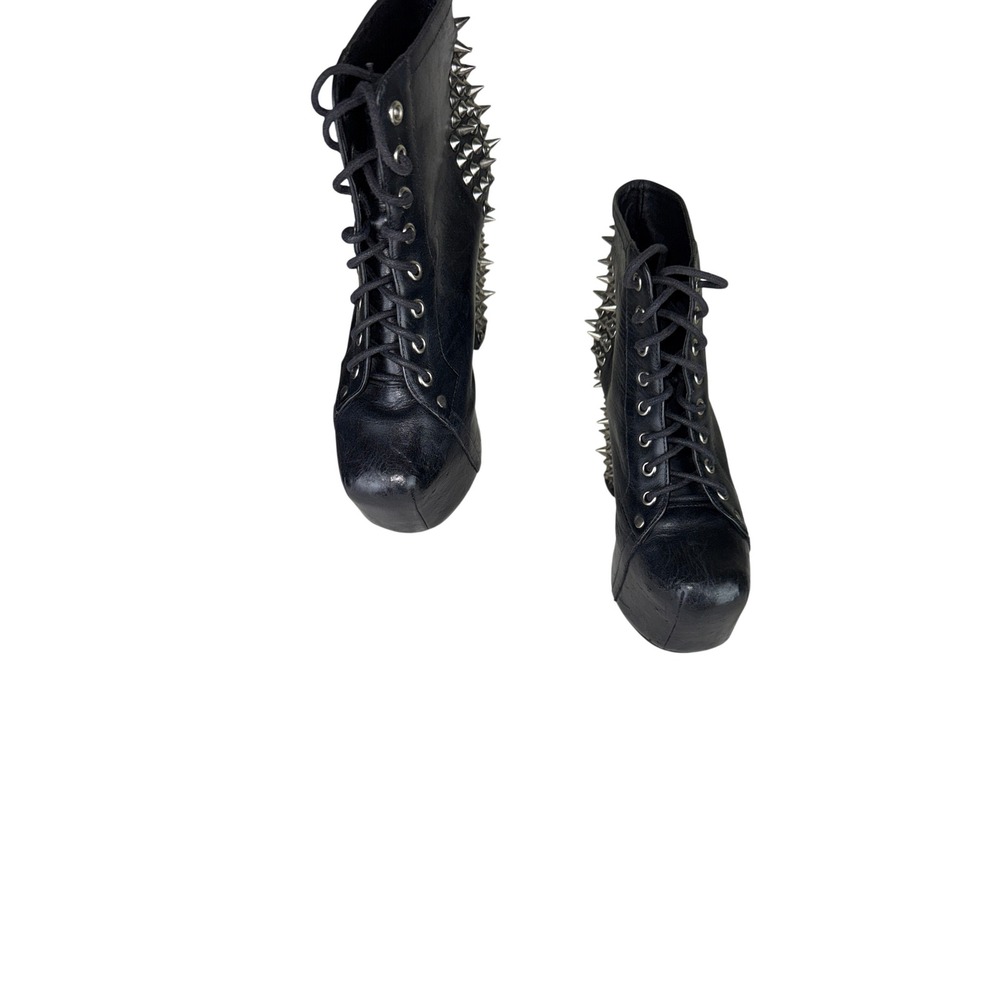 Jeffrey Campbell Lita Spike Black Leather Platform Studded Lace Up Boots 8.5M